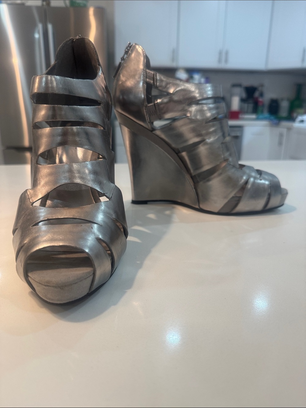 BCBG girls Metallic Silver Strappy Wedge Heels - Women's Fashion Shoes